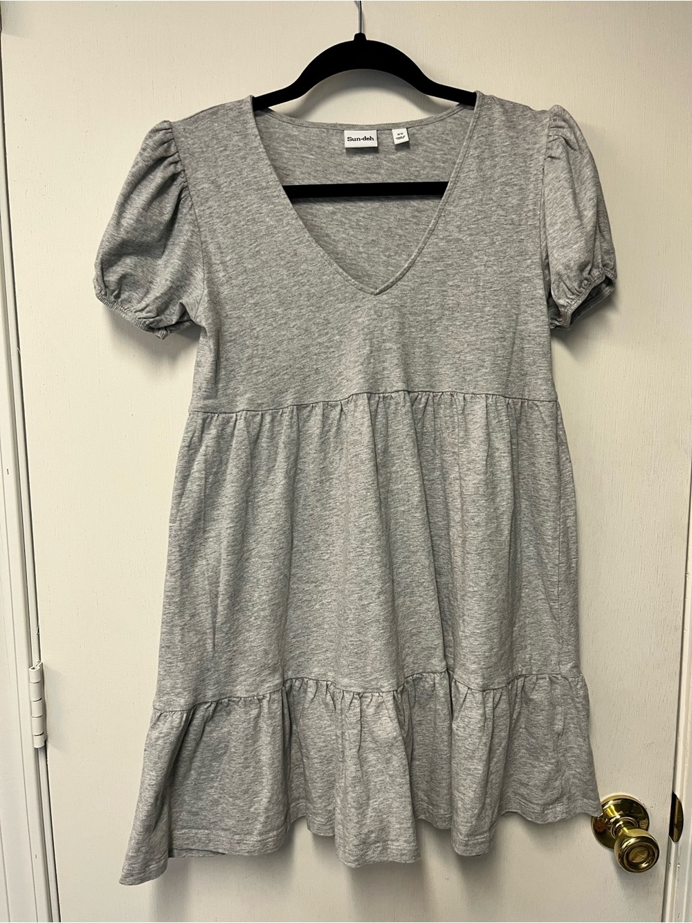 Sun-deh Gray Puff Sleeve Tiered Babydoll Mini Dress Size XS